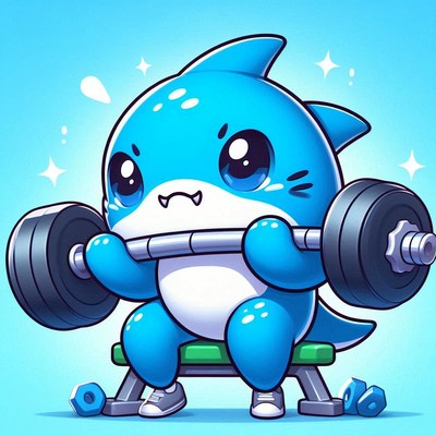 Cute blue shark lifting weights in a cartoon style
