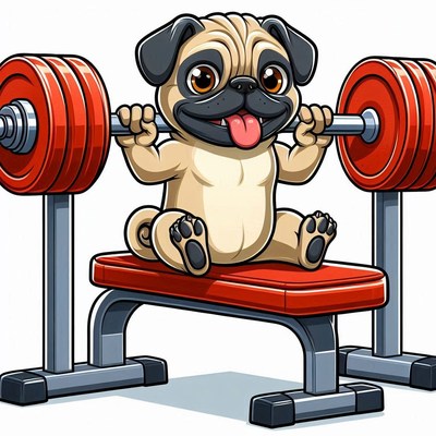 Pug lifting weights in gym setting