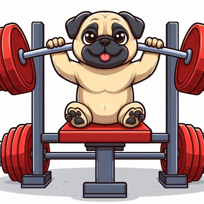 Pug lifting weights in a gym setting