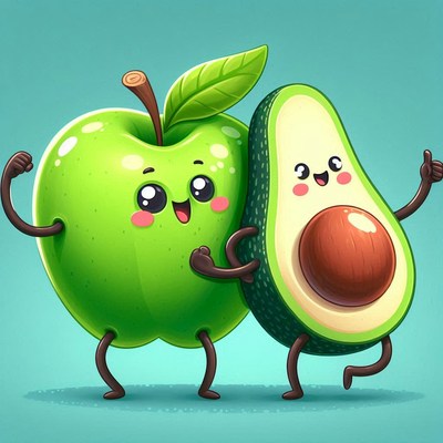 Cheerful green apple and avocado cartoon characters