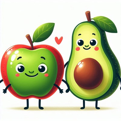 Apple and avocado characters holding hands