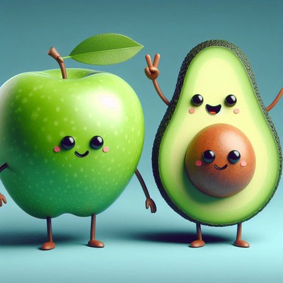 Apple and avocado's cute cartoon friendship