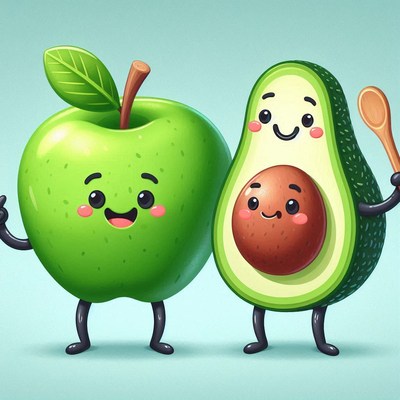Cute cartoon apple and avocado characters with smiles