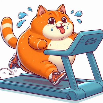 Cat exercising on treadmill with sweat drops