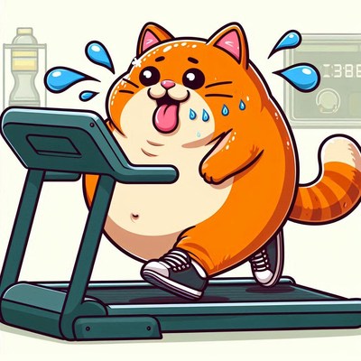 Orange cat running on treadmill in gym setting