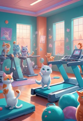 Cats exercising in colorful gym at daytime