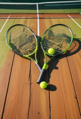 Tennis rackets and balls on court in afternoon light