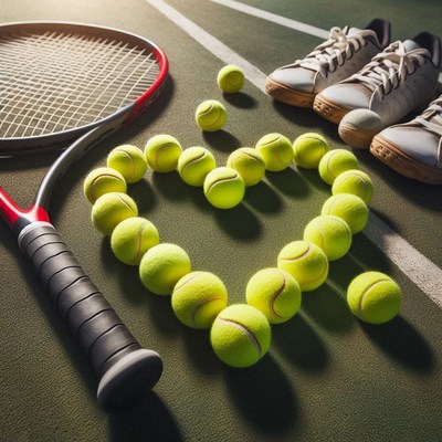 Tennis equipment and balls arranged in heart shape