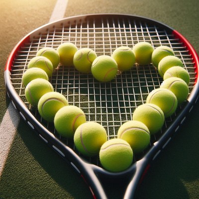 Tennis balls form heart on racket at sunset