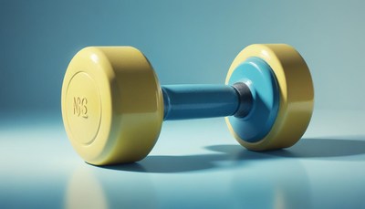Yellow and blue dumbbell on a light background