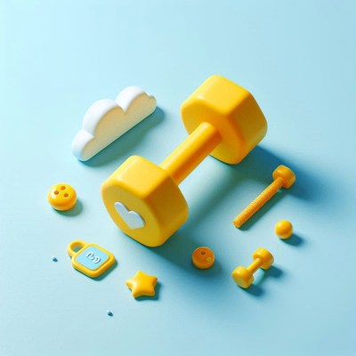 Yellow dumbbell and fitness accessories on blue background