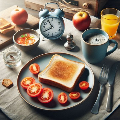 Breakfast spread with toast, tomatoes, and beverages