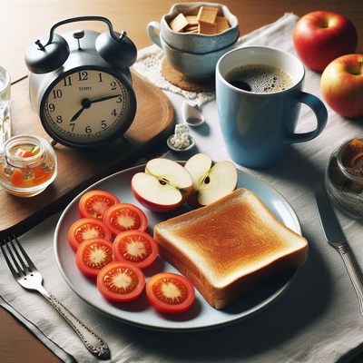 Morning breakfast with toast, tomatoes, and coffee