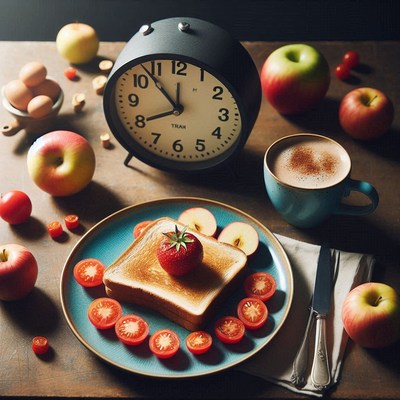 Breakfast spread with toast apples and clock on table