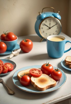 Breakfast with tomatoes and toast near vintage clock
