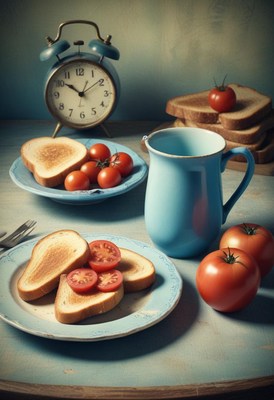 Breakfast table with toast, tomatoes, and clock