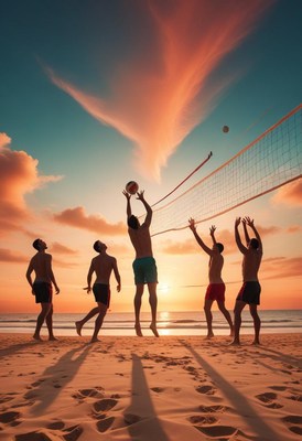 Sunset beach volleyball match with friends