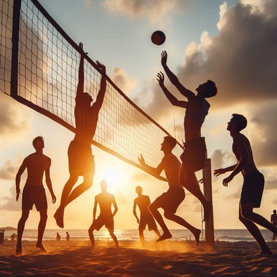 Sunset beach volleyball match in summer