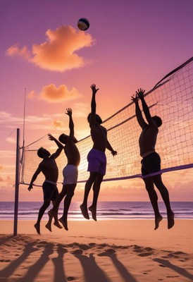 Sunset beach volleyball match with four players jumping
