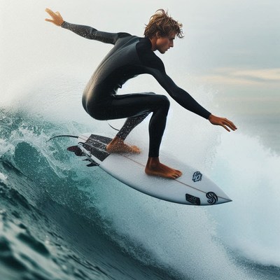 Surfer riding waves at dusk on a coastal beach