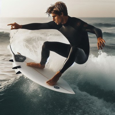 Surfer riding waves at sunset on the coast