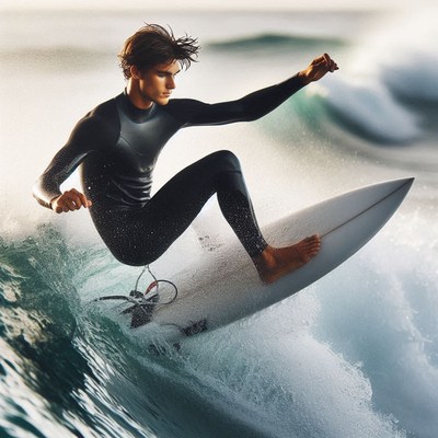 Surfer performing tricks on waves at sunset shoreline