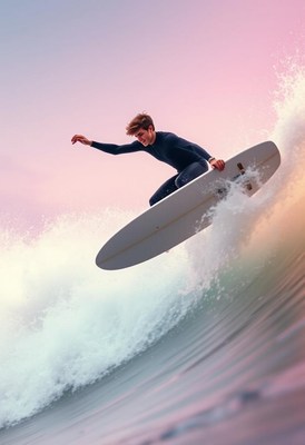 Surfer riding a wave at sunset on the coast
