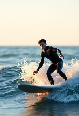 Surfer riding waves at sunset in ocean