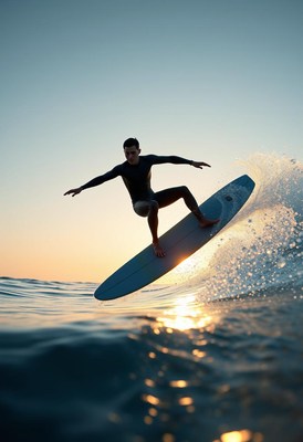 Surfer performing tricks at sunset in ocean waves
