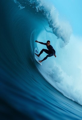 Surfer riding a wave in clear ocean water at dawn