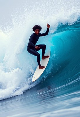 Young surfer riding a wave at sunset beach