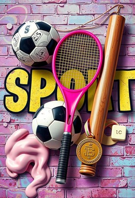 Colorful sports equipment on a brick background