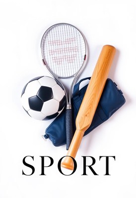 Sports equipment displayed with bat, ball, and racket