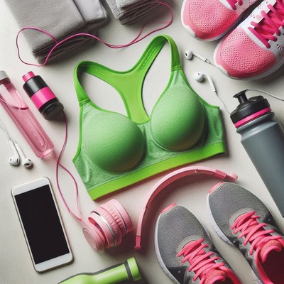 Colorful workout gear and accessories on a gray background
