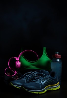Athletic gear arrangement with water bottle and headphones
