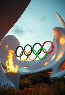 Olympic rings with flame at sunset in modern venue