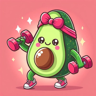Cute avocado lifting weights in colorful background