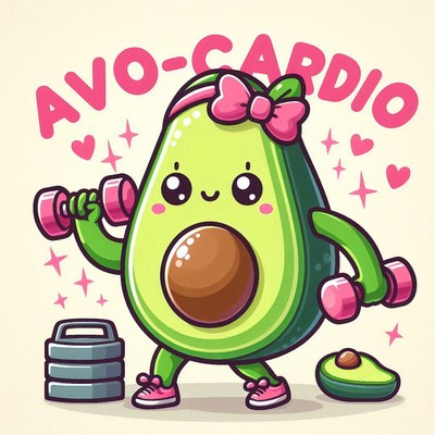 Happy avocado exercising with weights in a cartoon style
