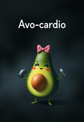 Cute avocado lifting weights in a fun fitness setup