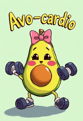 Avocado cartoon character lifting weights with bow