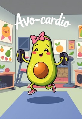 Animated avocado exercising in a colorful gym
