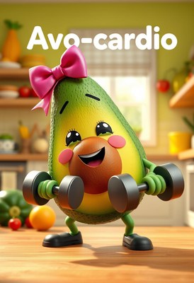 Cheerful avocado exercising in a cozy kitchen