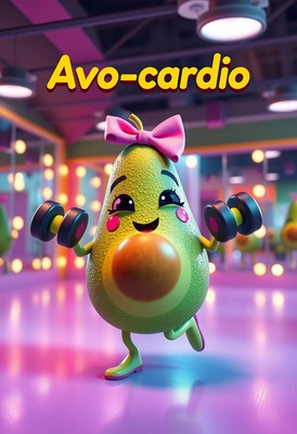 Cheerful avocado working out in a colorful gym