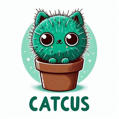 Adorable cartoon cactus cat potted in terracotta planter