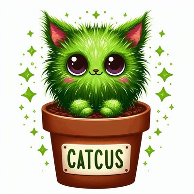 Cute green cactus cat sitting in flower pot
