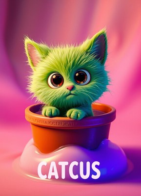 Green furry kitten in flower pot with soft background