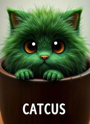 Fluffy green cat sitting in a flower pot