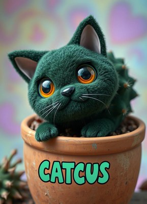 Cute plush cat in a pot with succulent design