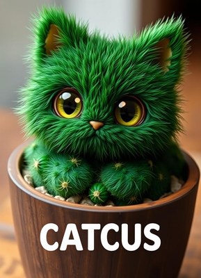 Cute green cat concept in cactus pot