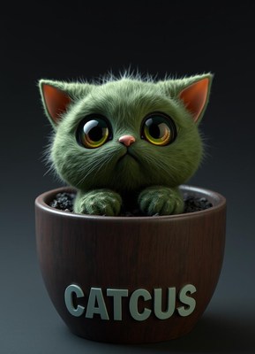 Cute green cat in wooden pot with catcus label